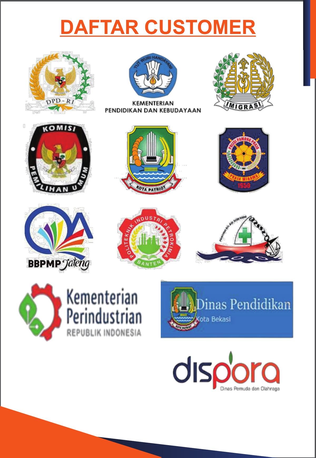 Logo daftar klien PT Kencana Lintas Global: DPD RI, Kementerian Pendidikan dan Kebudayaan, Direktorat Jenderal Imigrasi, KPU, Pemerintah Kota Bekasi, Satpol PP, BBPMP Jawa Tengah, Politeknik Industri Petrokimia Banten, Kementerian Perindustrian RI, Dinas Pendidikan Kota Bekasi, dan Dispora