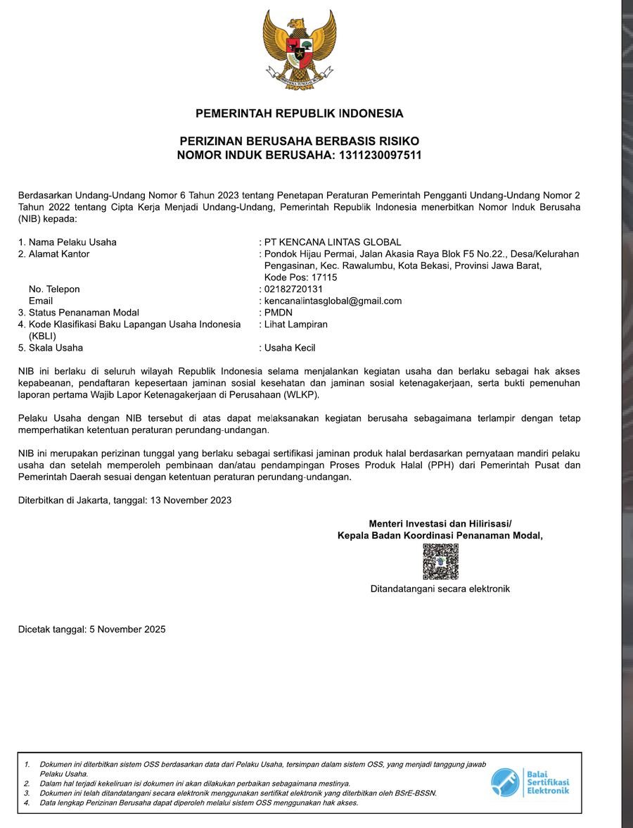 Nomor Induk Berusaha (NIB) PT Kencana Lintas Global